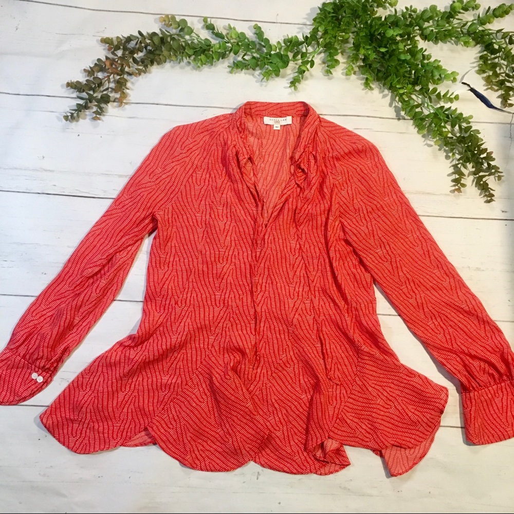 Derek Lam Red Blouse with Ruffle Scallop Edge Size L